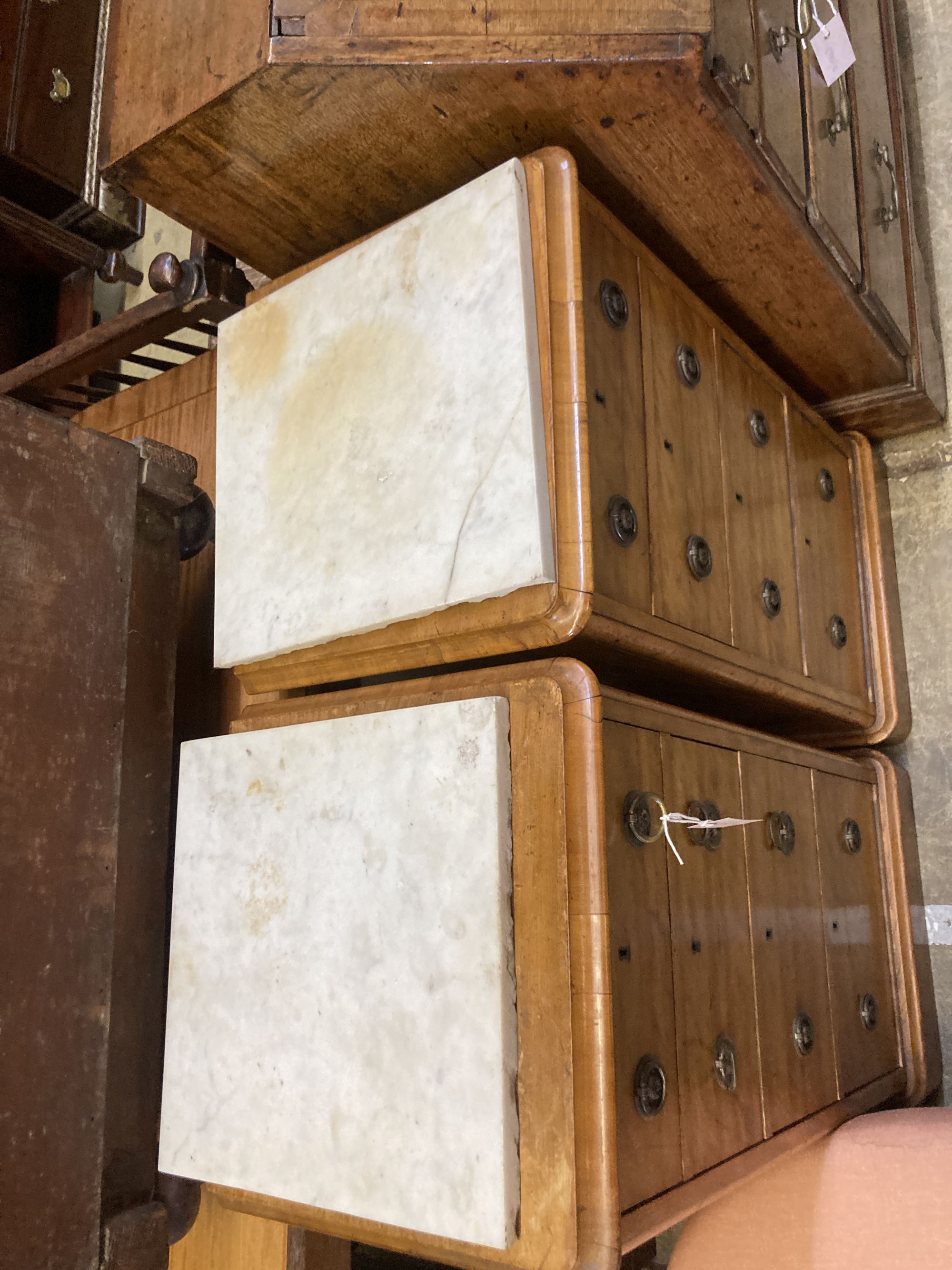 A pair of Victorian satin walnut bedside chests, width 40cm, depth 36cm, height 82cm